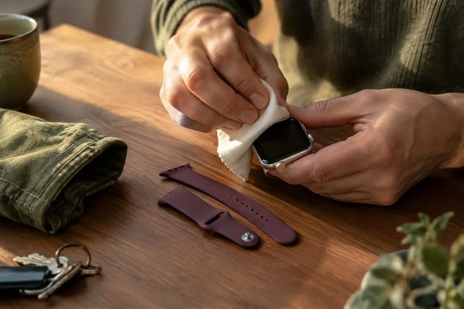 Kikapcsolt Apple Watch kíméletes tisztítása puha kendővel egy otthoni asztalon