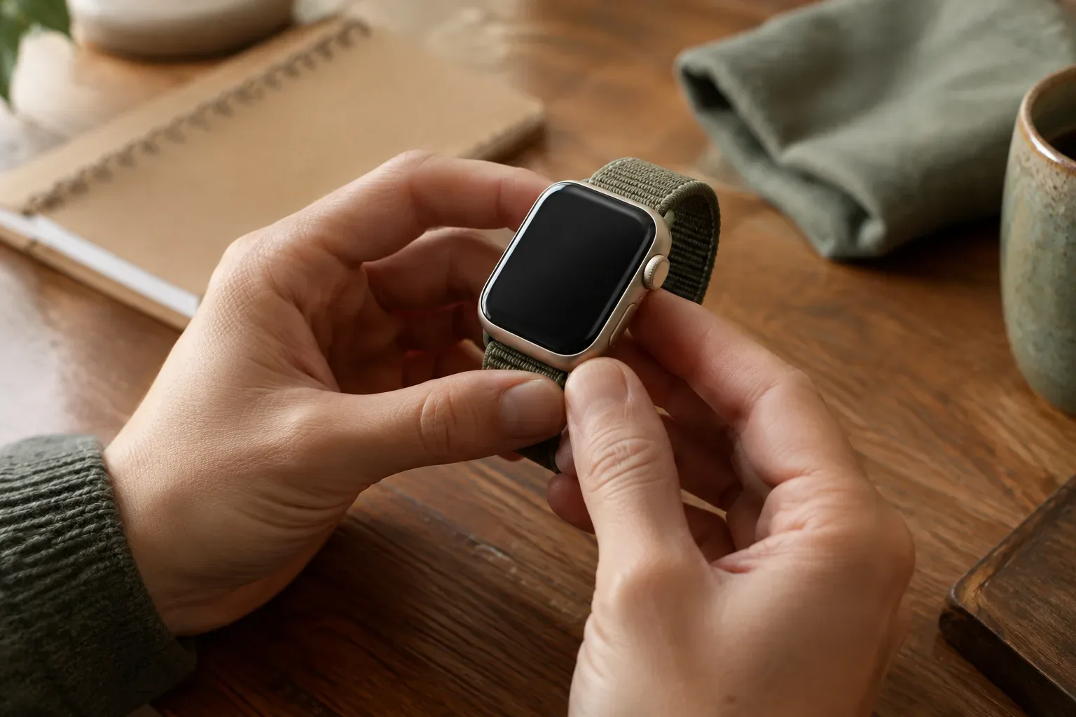 Használt Apple Watch kijelzőjét vizsgálják meg vásárlás előtt.