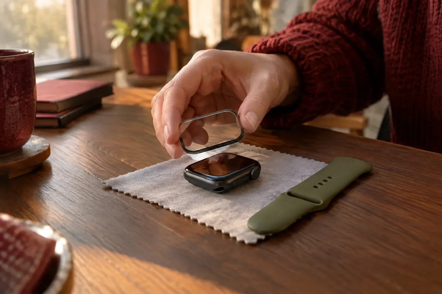 Apple Watch kijelzővédőjének óvatos illesztése puha kendő mellett