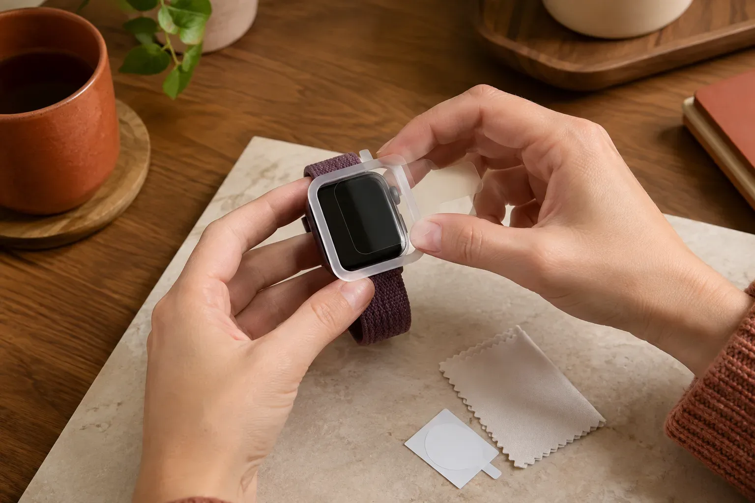 Kéz igazít egy átlátszó kijelzővédőt egy sötét tokos Apple Watch kijelzőjére tiszta, meleg tónusú asztalnál.