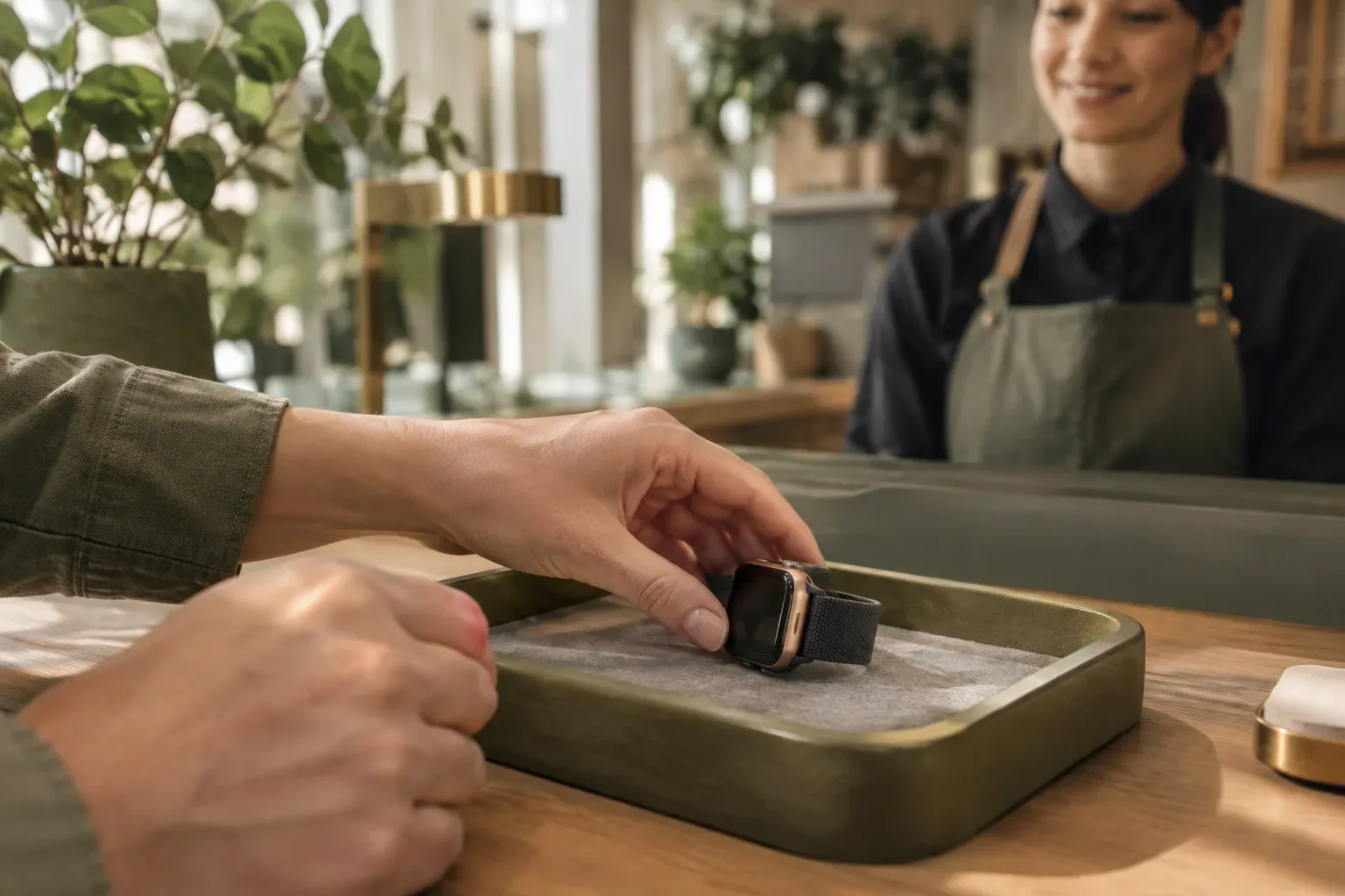 Rózsaarany színű Apple Watch sötét szövetszíjjal egy szervizátvételi tálcán.