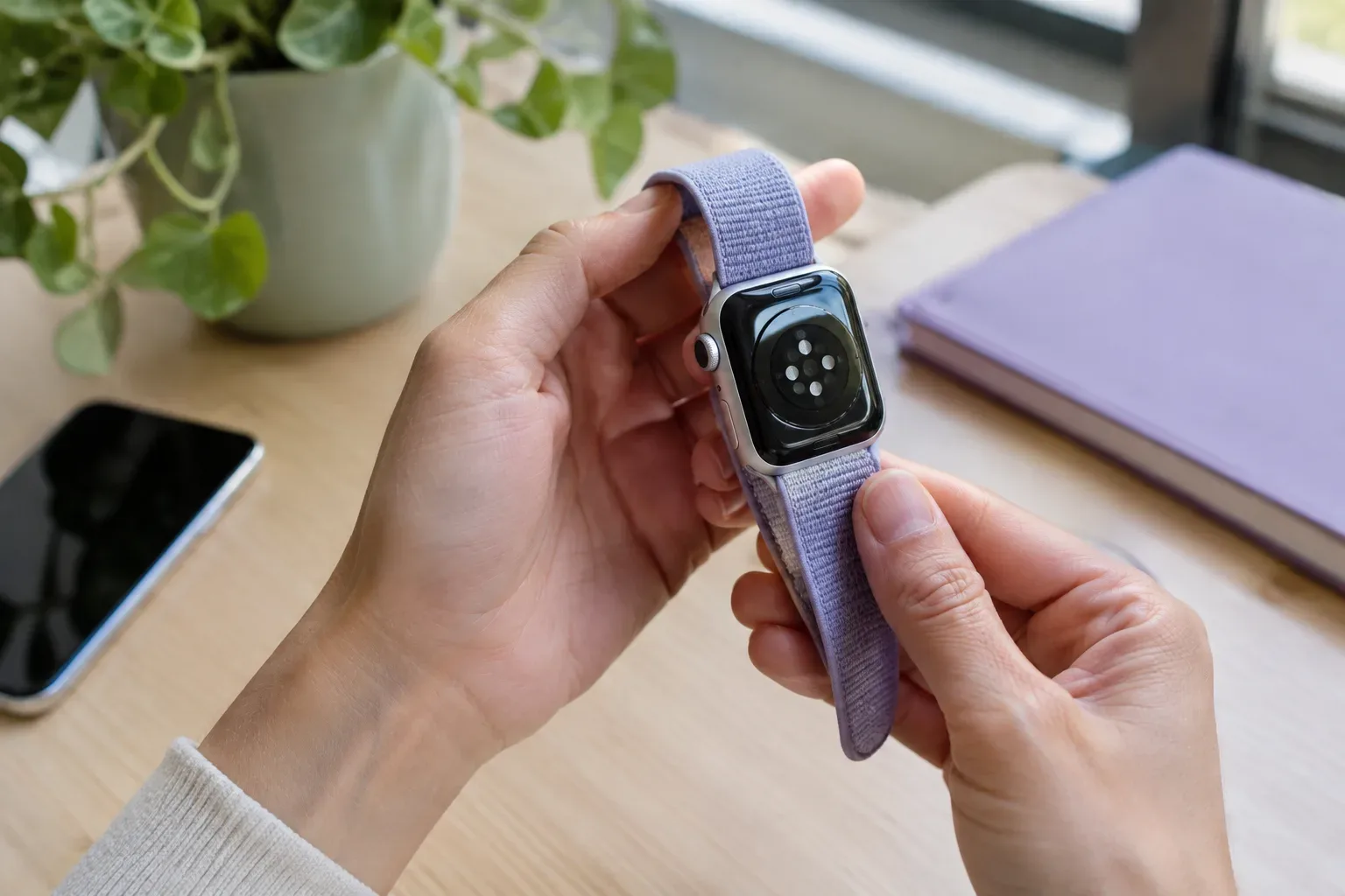 Ezüstszínű Apple Watch levendulaszínű szíjjal, kézben tartva a hátlap ellenőrzéséhez.