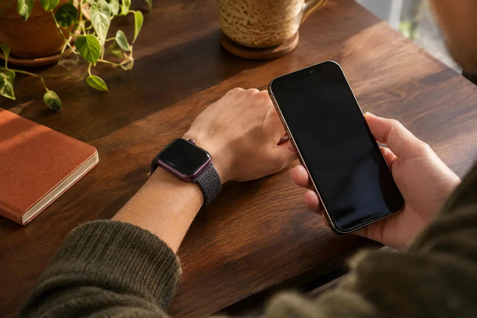 Apple Watch szürke szövetszíjjal a csuklón, miközben a viselője közel tartja hozzá az iPhone-t a párosításhoz.