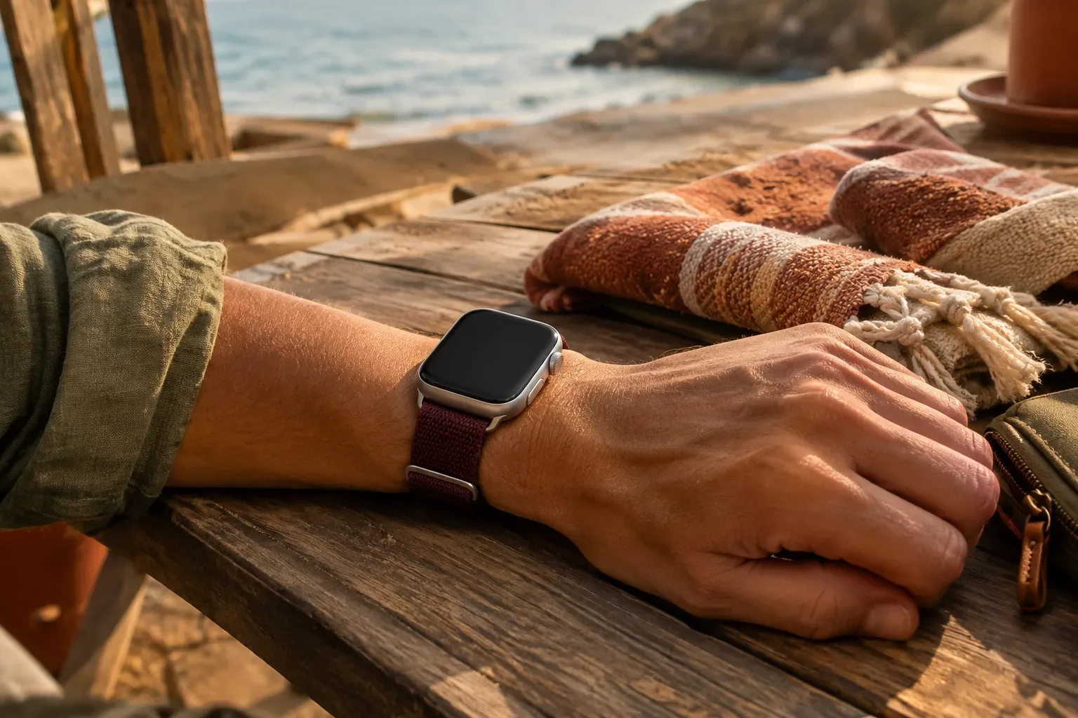 Apple Watch külön rekesz mellett egy tengerparti kávézó asztalán, utazás utáni óvatos tárolást szemléltetve.