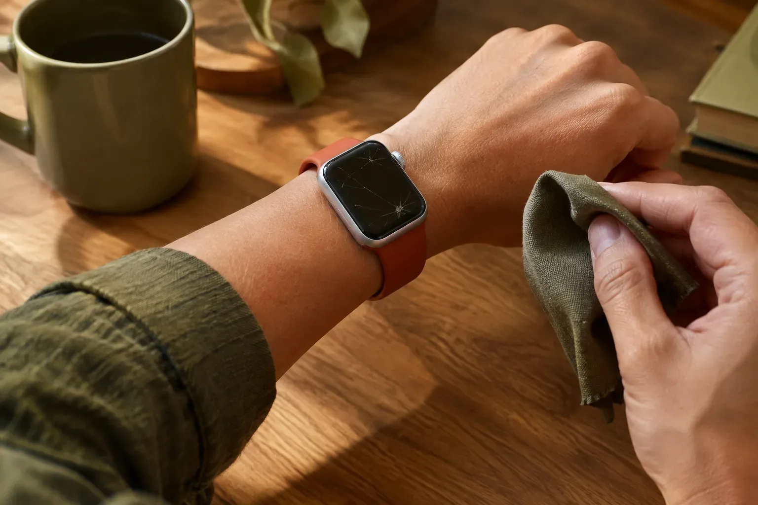 Régebbi, terrakotta szilikonpántos Apple Watch kijelzőjét vizsgálják természetes fényben