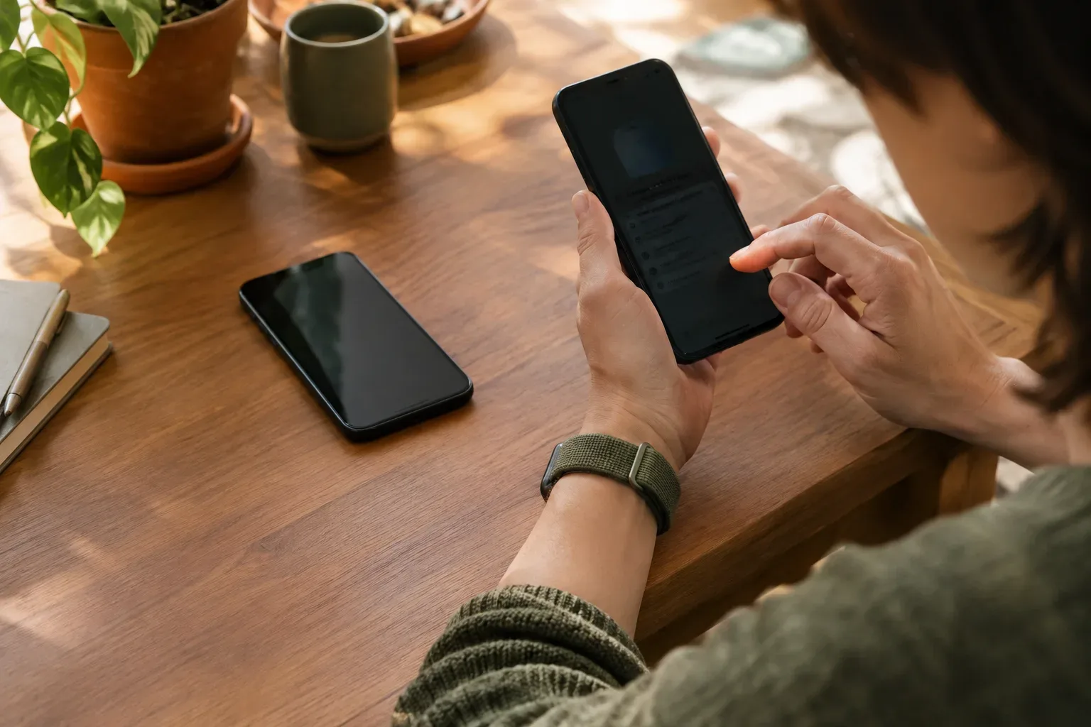 Apple Watchot viselő kéz egy új iPhone beállítása közben, otthoni asztalnál.
