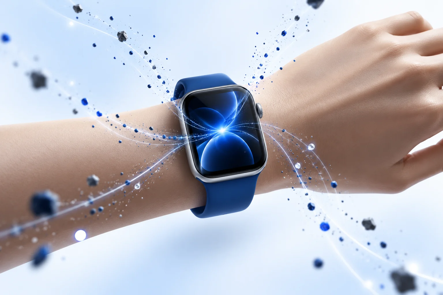 Illusztráció: csuklón hordott Apple Watch, amelyhez karcot okozó részecskék vonzódnak