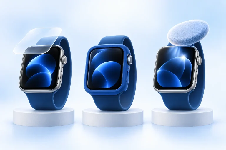 Illusztráció: Apple Watch kijelző védelme fóliával, tokkal vagy polírozással
