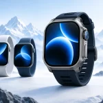 Illusztráció: Apple Watch Ultra a kisebb Apple Watch modellek előtt, hegyek között