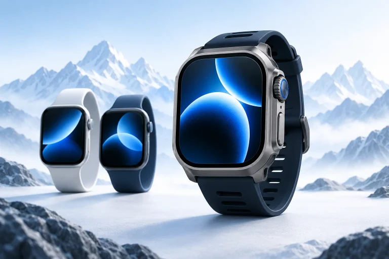 Illusztráció: Apple Watch Ultra a kisebb Apple Watch modellek előtt, hegyek között