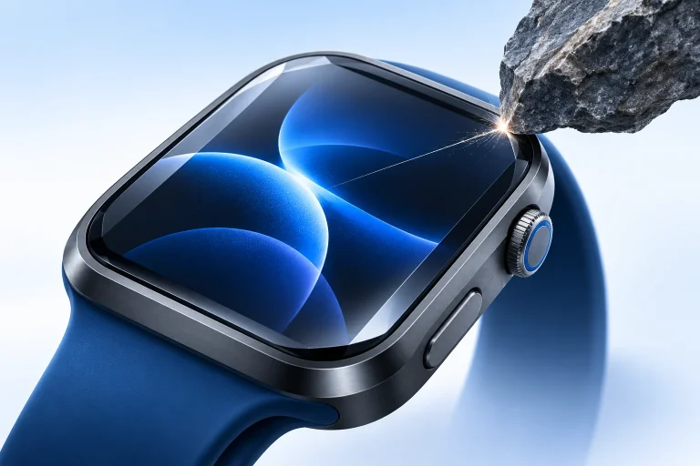 Illusztráció: zafír kijelzős Apple Watch Ultra, amelyet egy kő megkarcol
