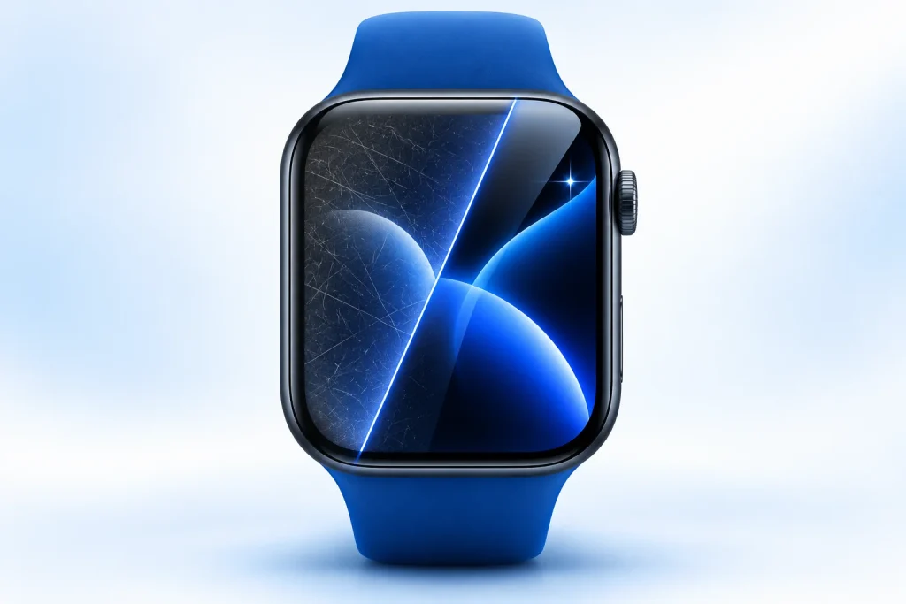 Illusztráció: Apple Watch kijelző polírozás előtt és után, karcos és fényes fél