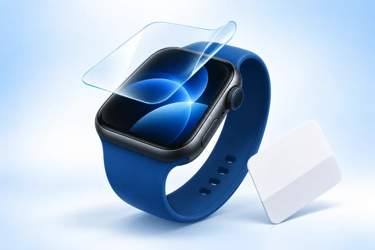 Illusztráció: hydrogél kijelzővédő fólia felhelyezése Apple Watch-ra