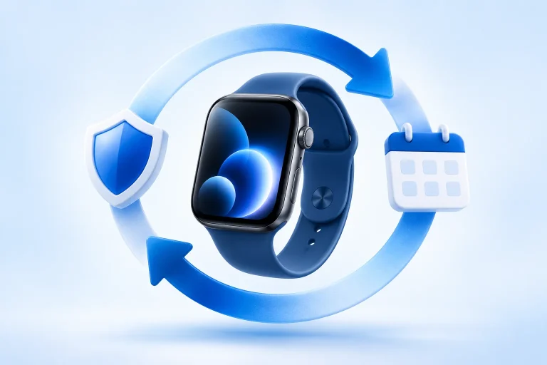 Illusztráció: Apple Watch védelmi ciklusban, rendszeres kijelzőkarbantartás előfizetéssel
