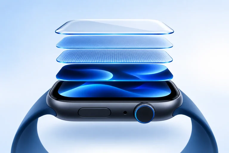 Illusztráció: az Apple Watch kijelző rétegei robbantott nézetben