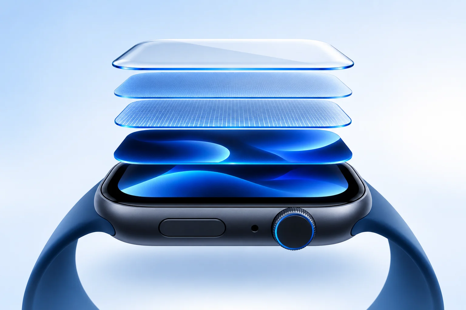 Illusztráció: az Apple Watch kijelző rétegei robbantott nézetben