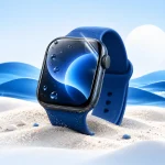 Illusztráció: vízcseppes Apple Watch a strandon, fóliával védve