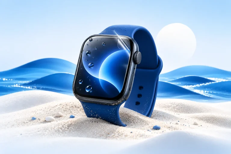 Illusztráció: vízcseppes Apple Watch a strandon, fóliával védve