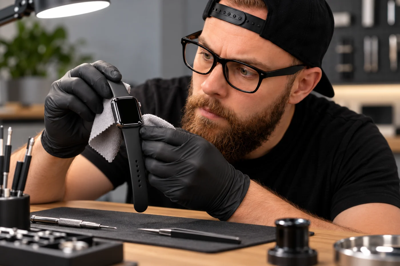 A Watch Klinika szakértője a műhelyben polírozza egy Apple Watch kijelzőjét